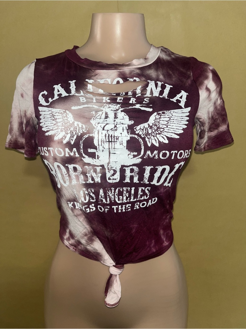 Windsor Burgundy and White Tie-Dye California Bikers Born 2 Ride Crop Tee